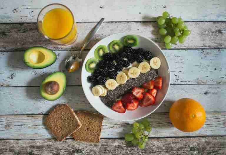 A spread of colourful breakfast foods